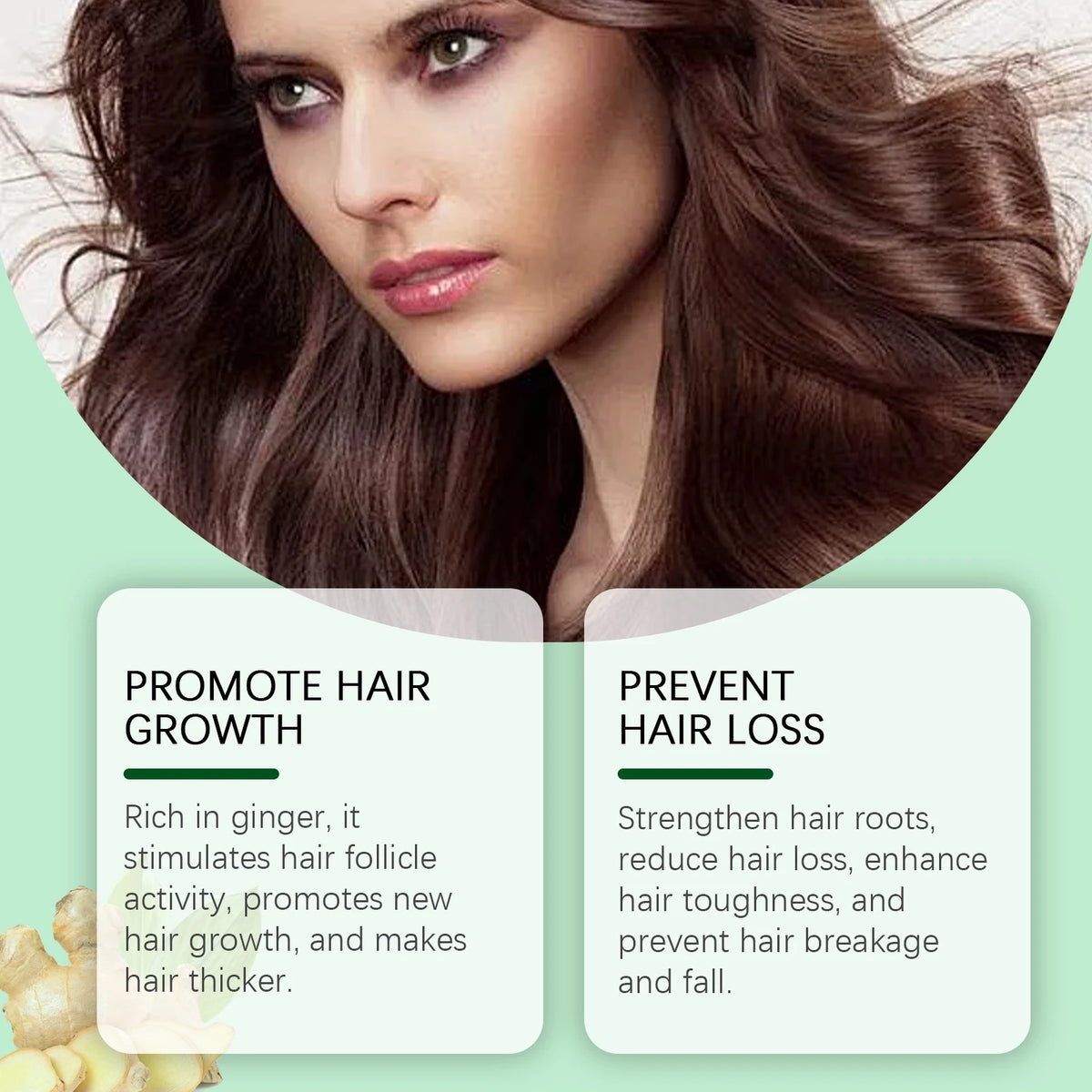 Ginger hair oil with hair care and ingredient graphics