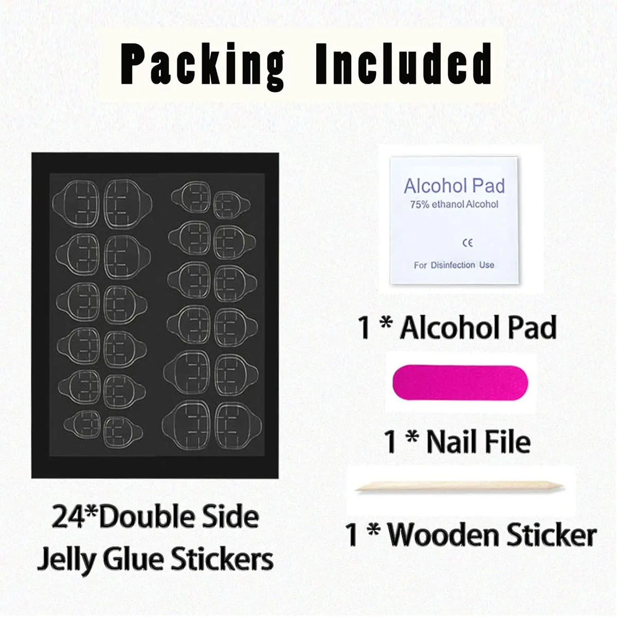 Manicure kit contents including adhesive tabs, file, alcohol pad and wooden stick