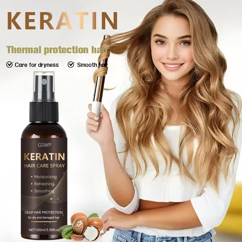 Keratin hair spray with hair care and application illustrations