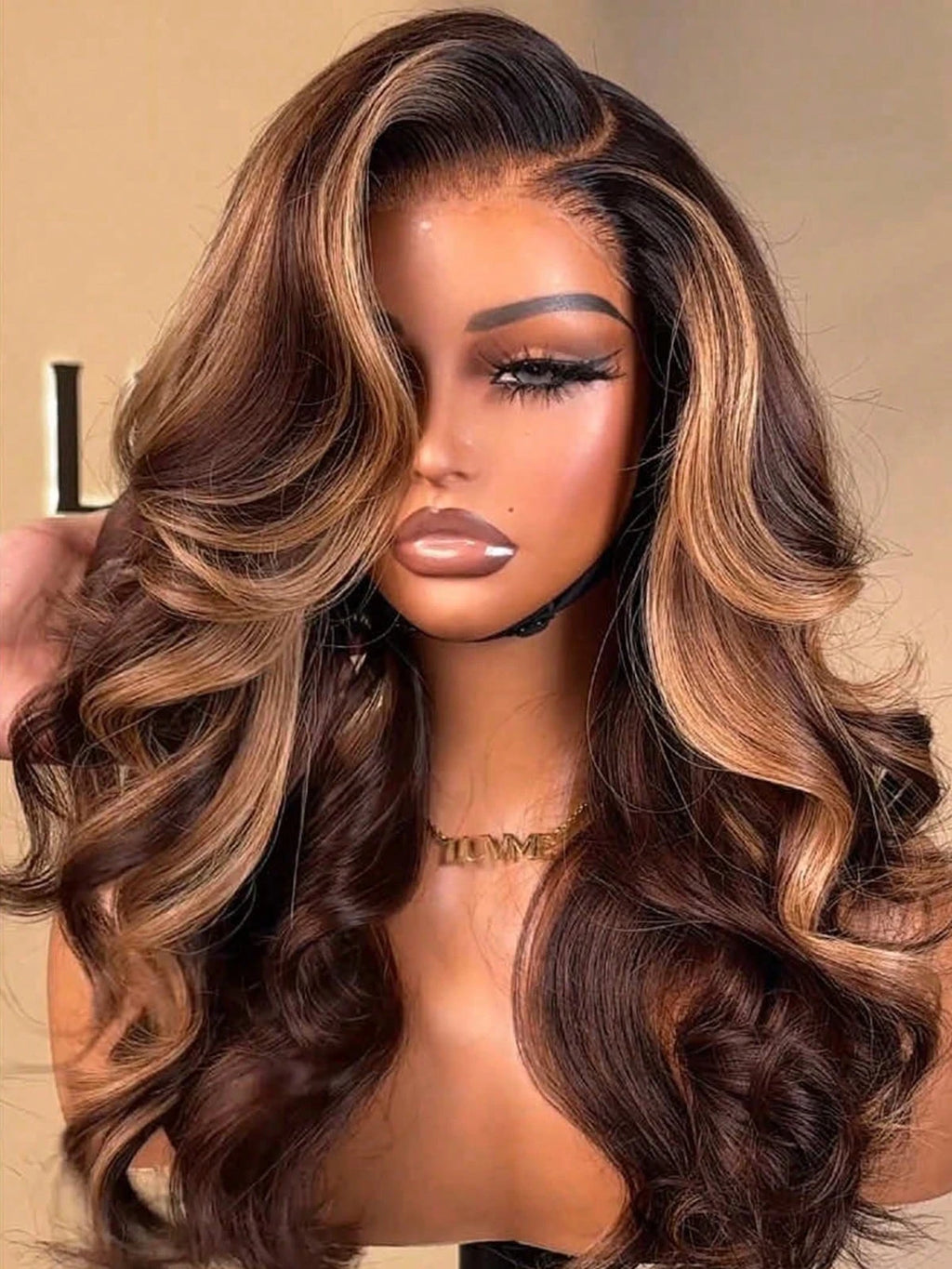 Long highlighted brown wavy wig shown from different angles