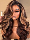 Long highlighted brown wavy wig shown from different angles
