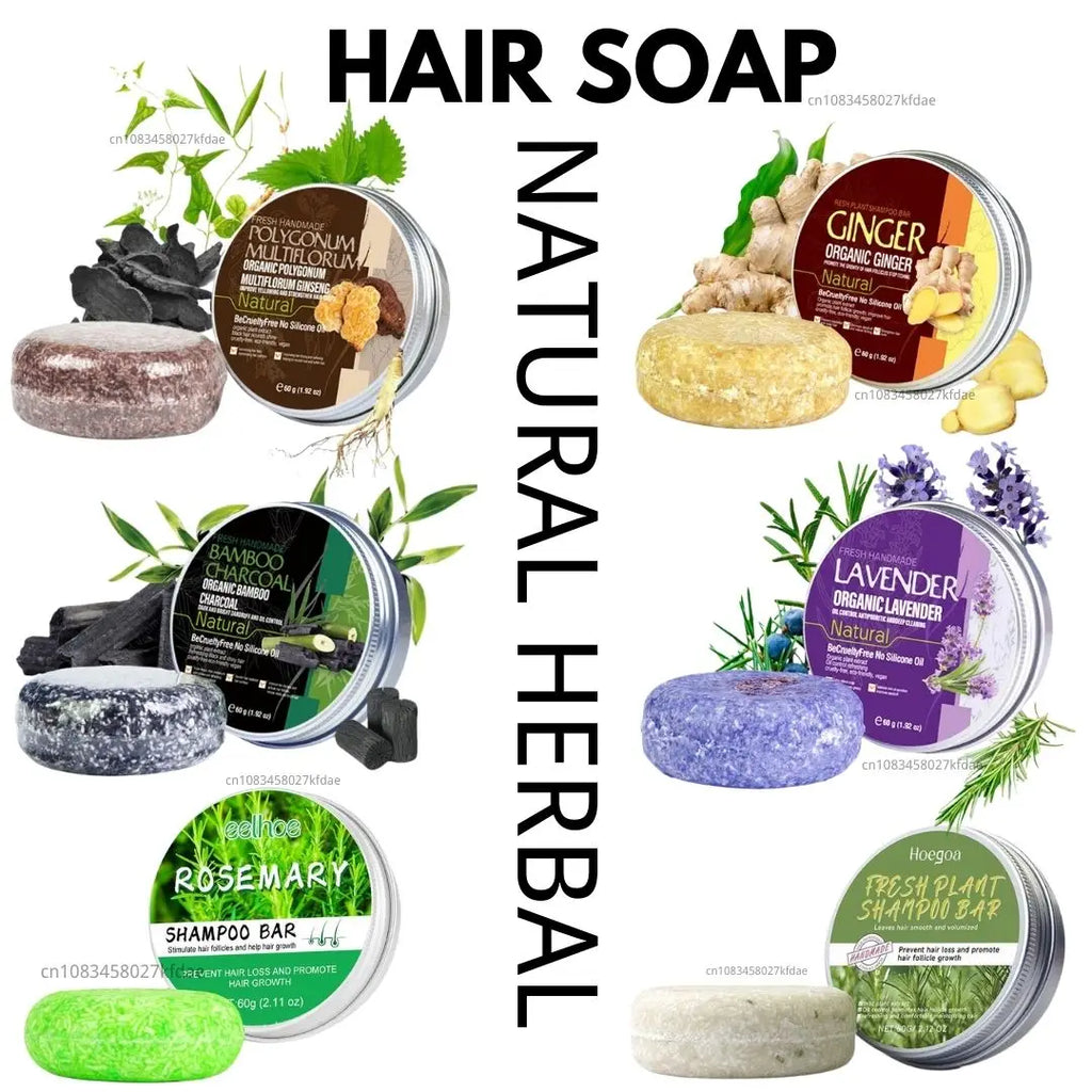 Shampoo bars with ingredient and hair washing graphics