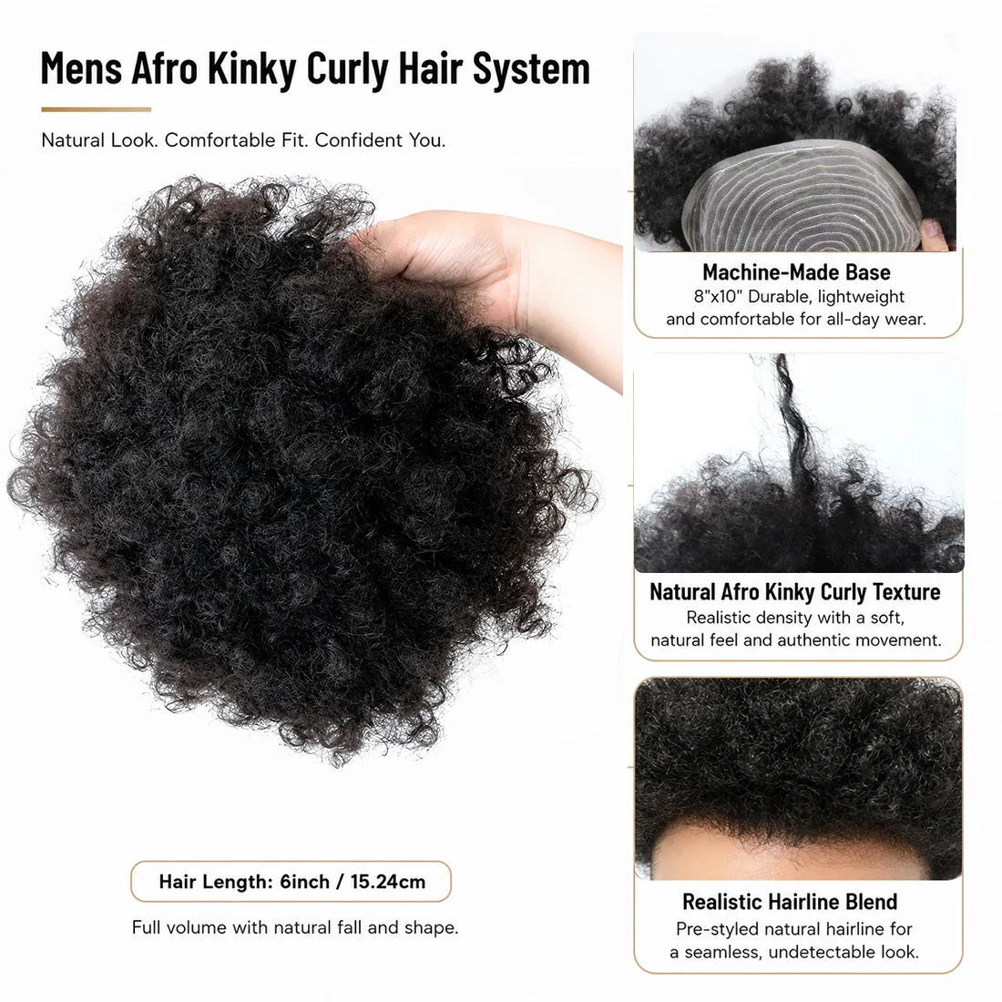 Curly hair topper with hairstyle and base details