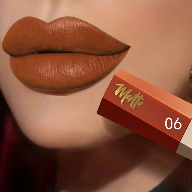 Liquid lipstick shade shown on lips beside its numbered tube