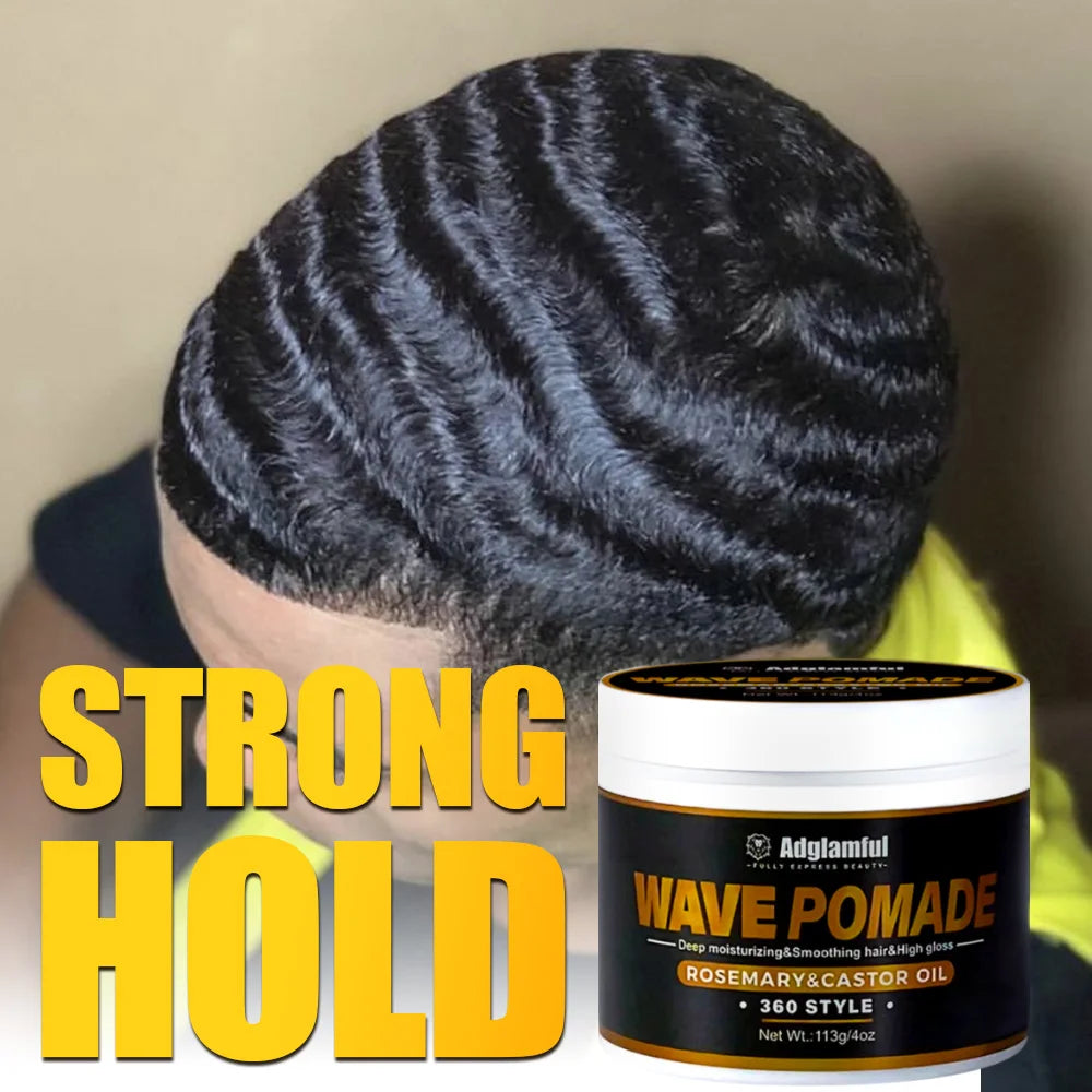 Wave pomade with hairstyle and ingredient graphics