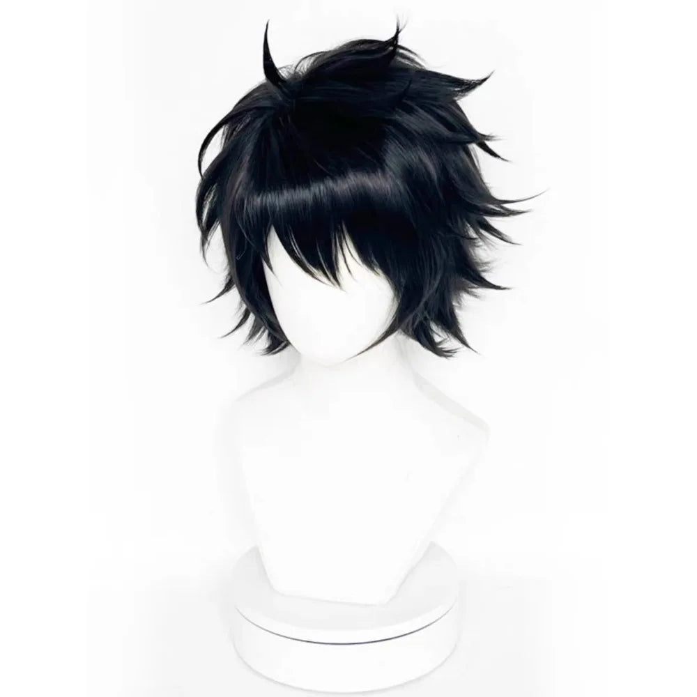 Short spiky dark cosplay wig on a mannequin