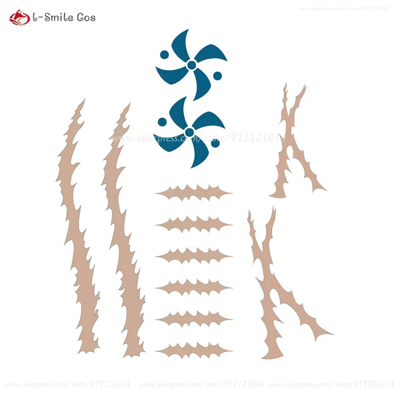 Decorative cosplay tattoo-style designs on a white background