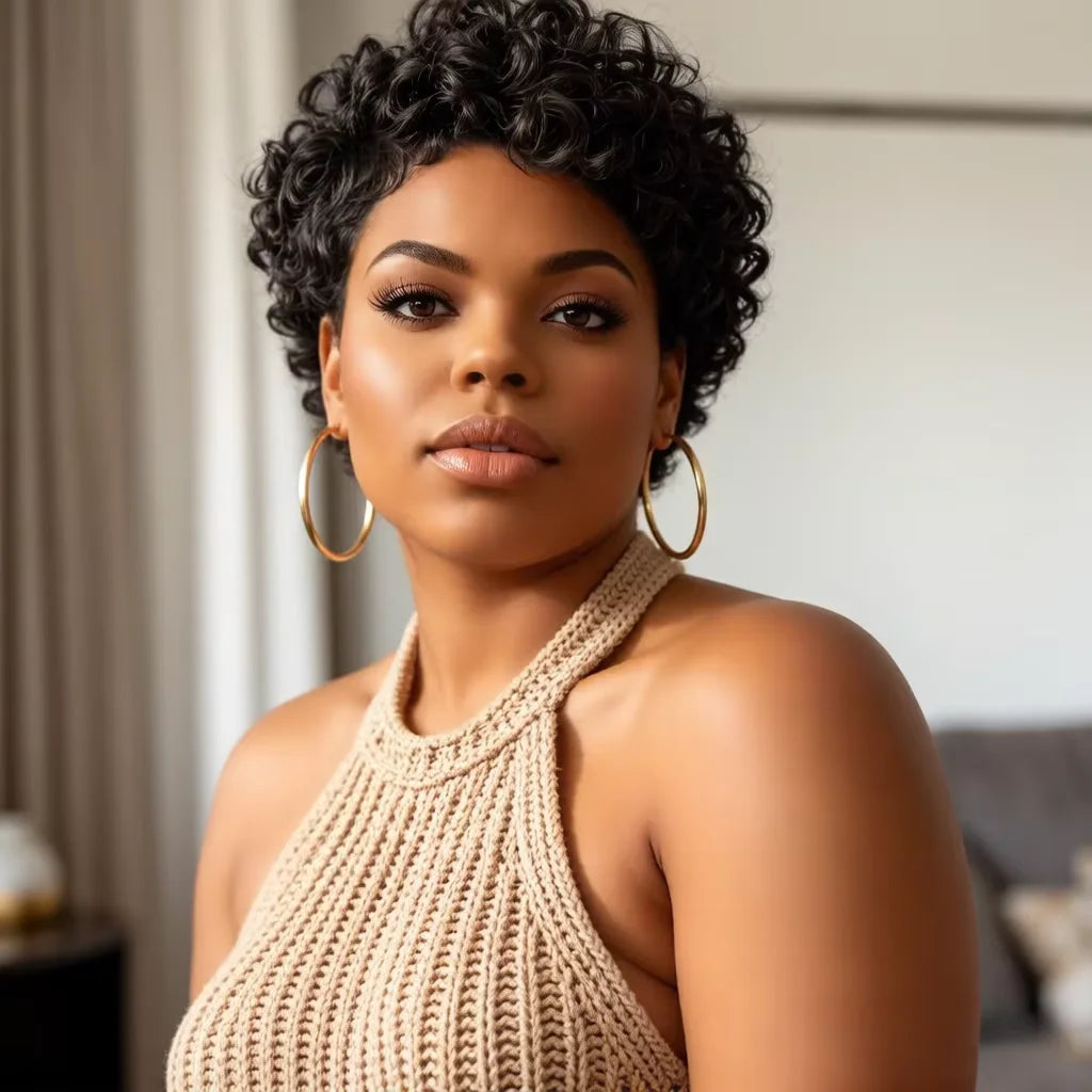 Short curly wig styled on a model