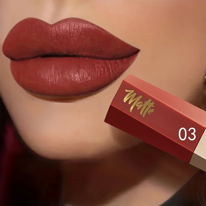 Liquid lipstick shade shown on lips beside its numbered tube