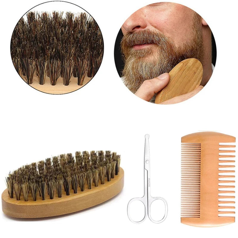 Wooden beard brush with bristle and grooming examples