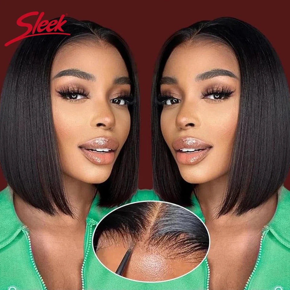 Straight dark bob wig with styling and hairline details