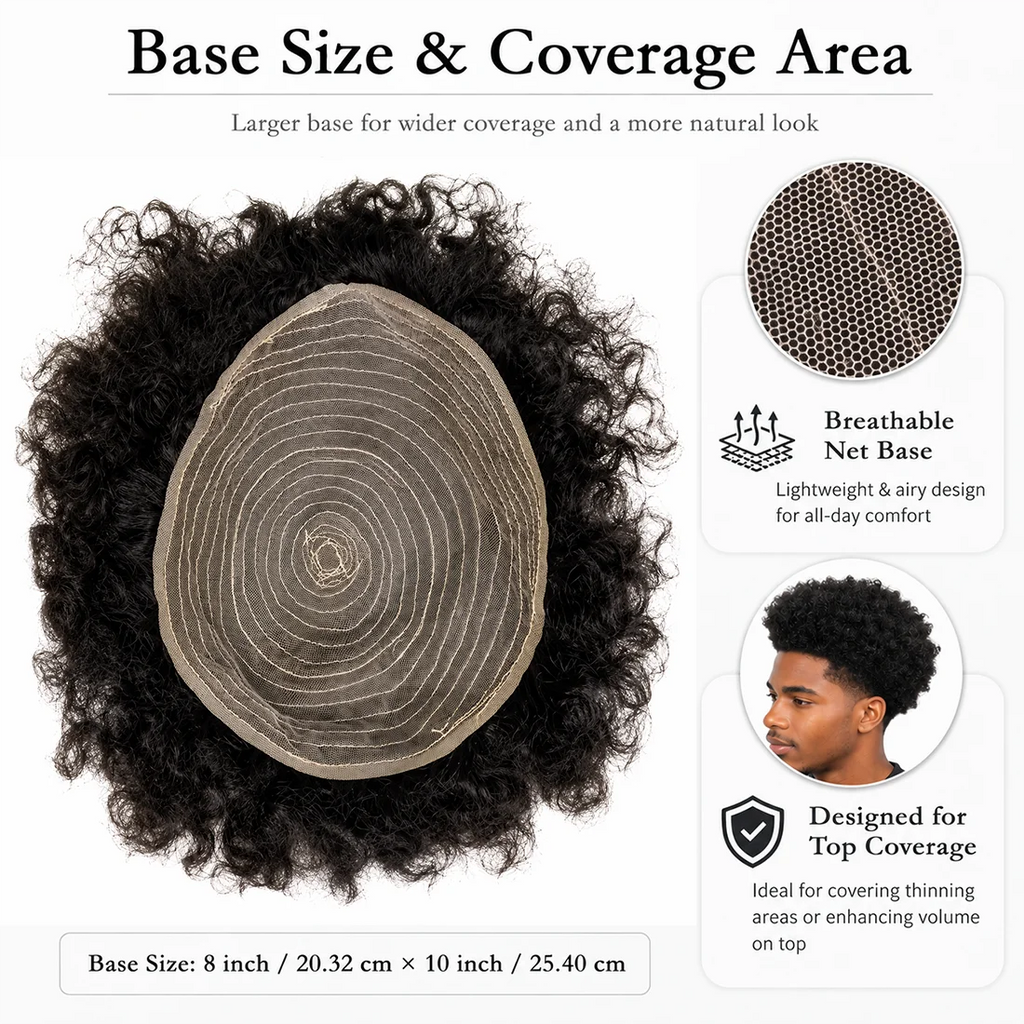 Curly hair toupee with hairstyle and base construction details