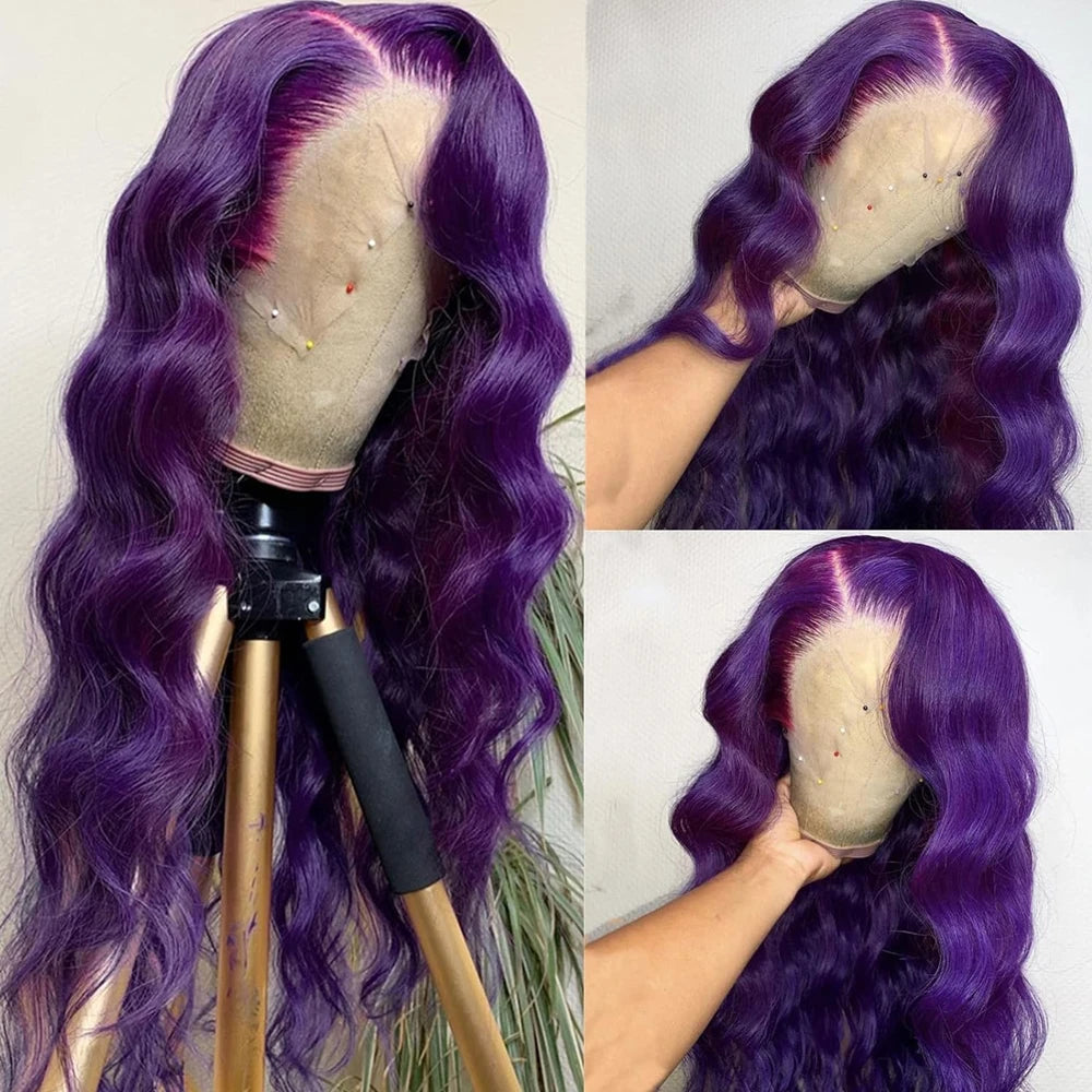 Long purple wavy wig with styling examples