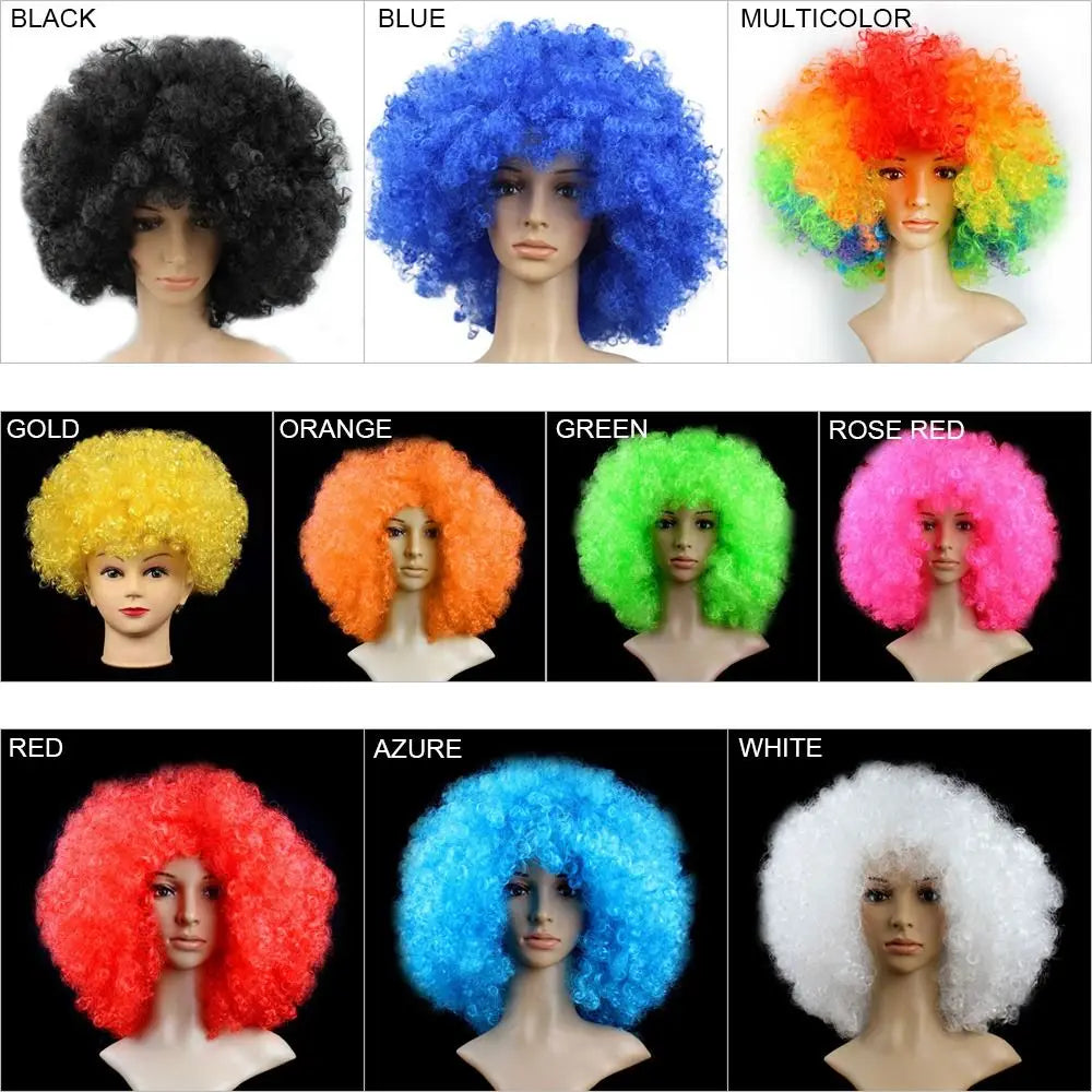 Curly costume wig color options shown on mannequins