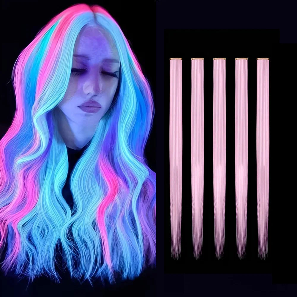 Bright clip-in hair extension strands with illuminated styling examples