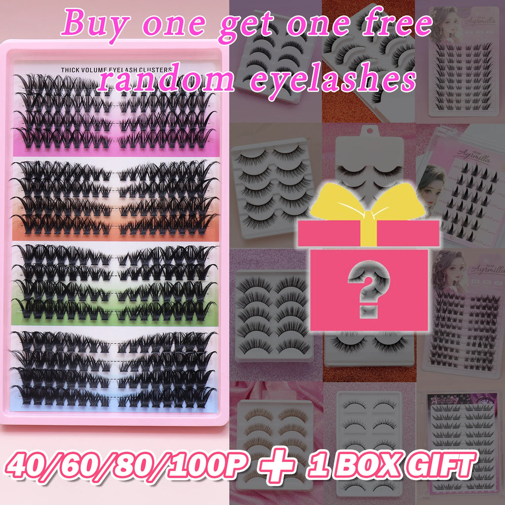 False eyelash clusters arranged in rows in a tray
