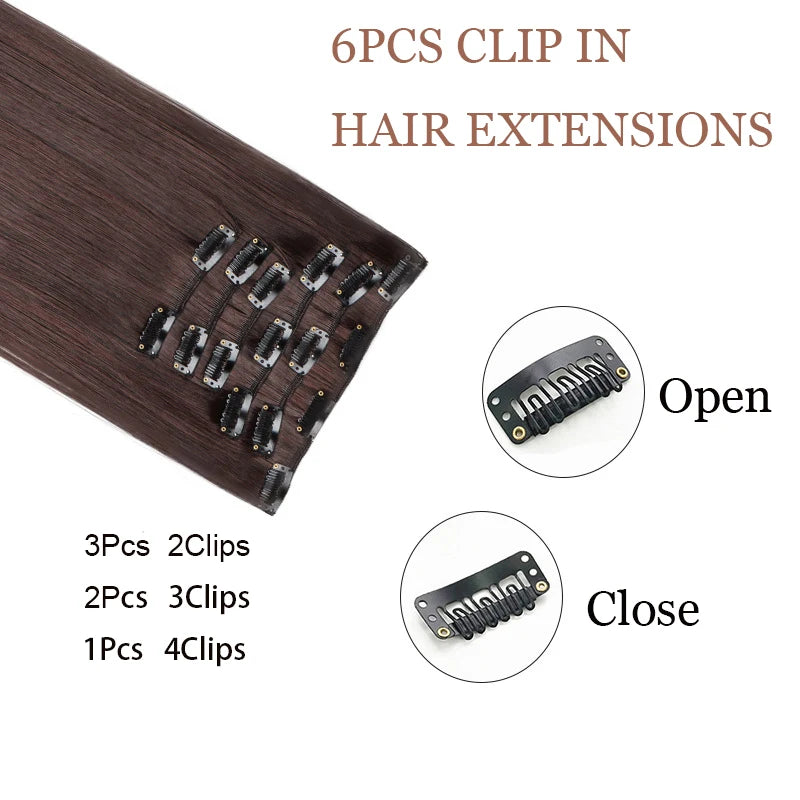 Straight clip-in hair extensions with clip and length details