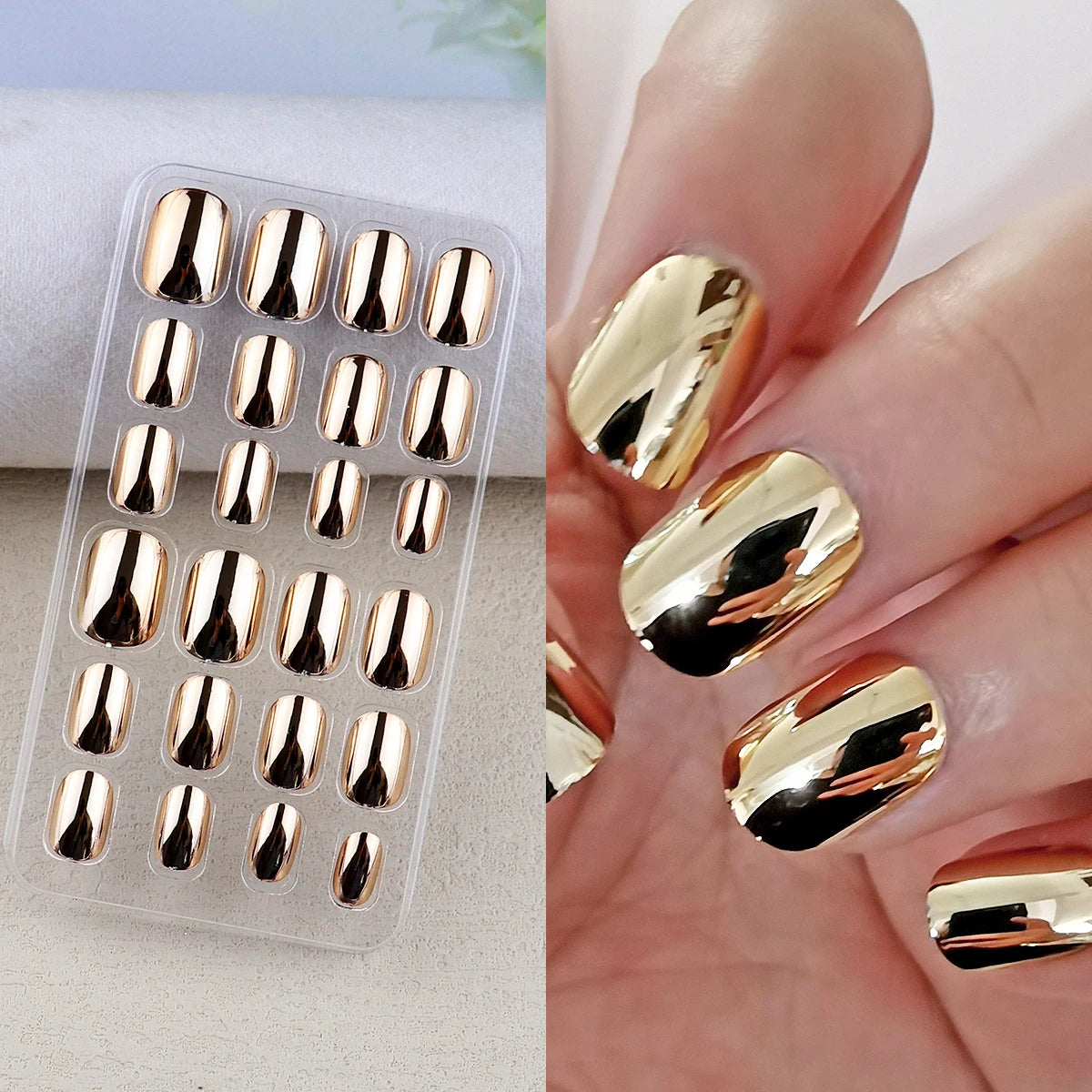 Chrome press-on nail shade shown in a set and on a hand