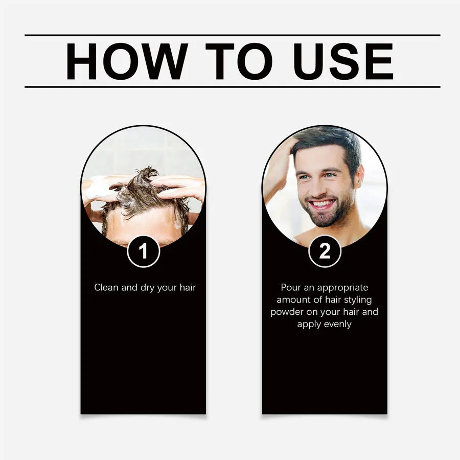 Hair styling powder with hairstyle and application graphics