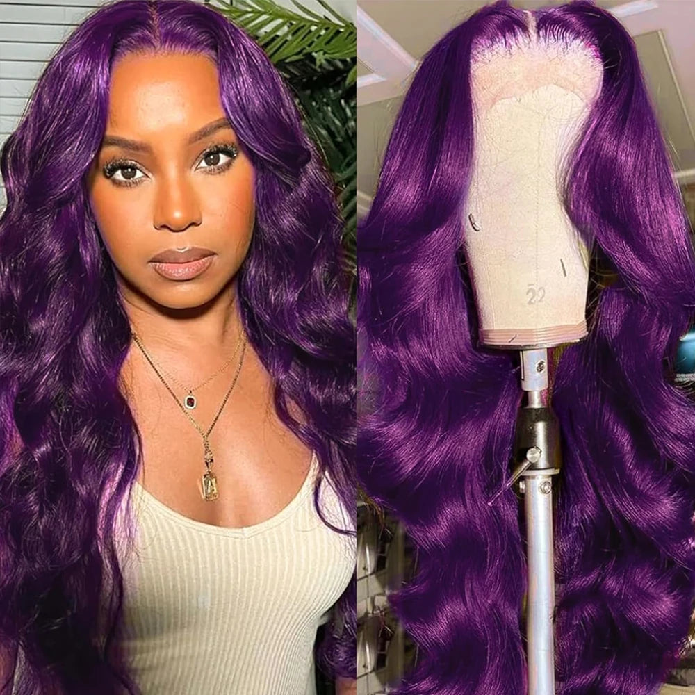 Long purple wavy wig with styling examples