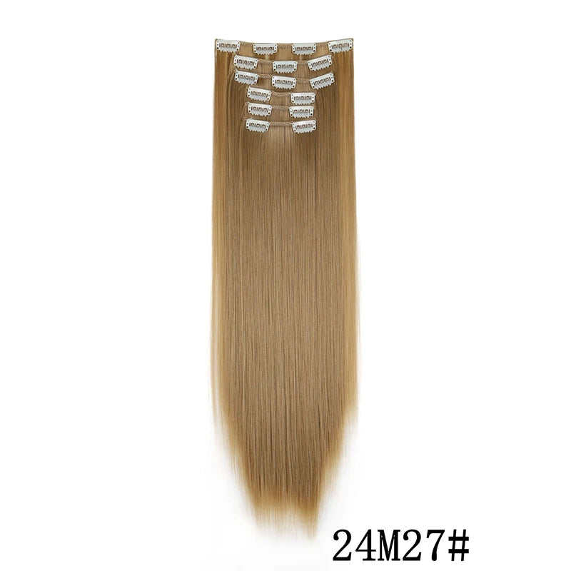 Straight clip-in hair extension with visible attachment clips