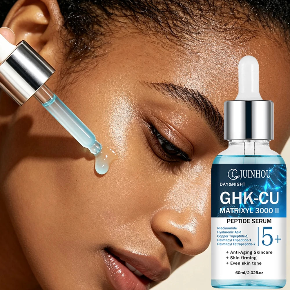 Copper peptide facial serum with skin application and product graphics