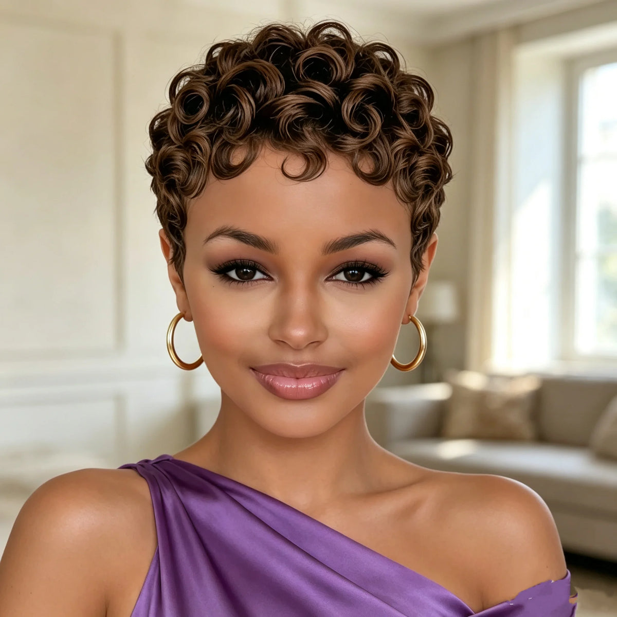 Short curly wig styled on a model