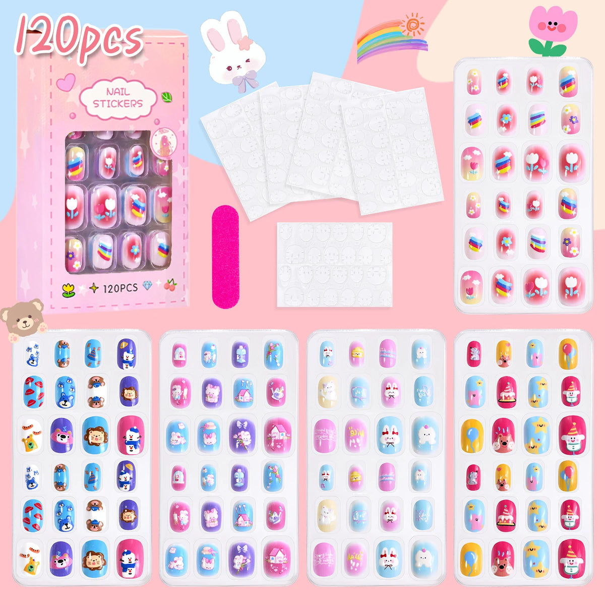 Assorted colorful press-on nails with packaging and manicure accessories
