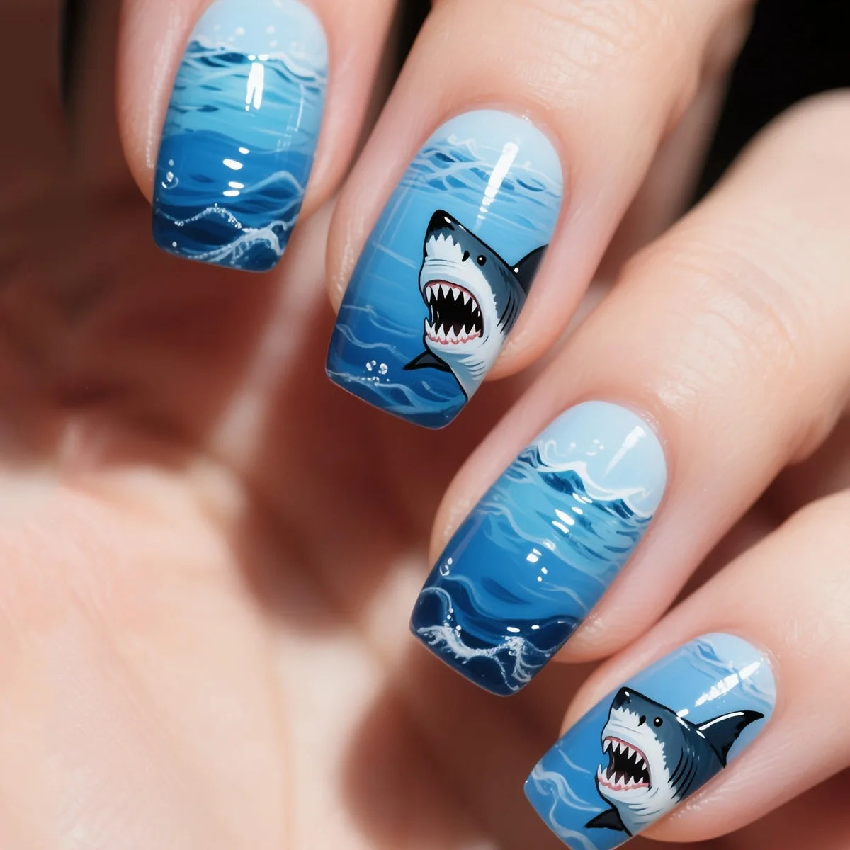 Colorful marine-themed nail artwork shown on hands
