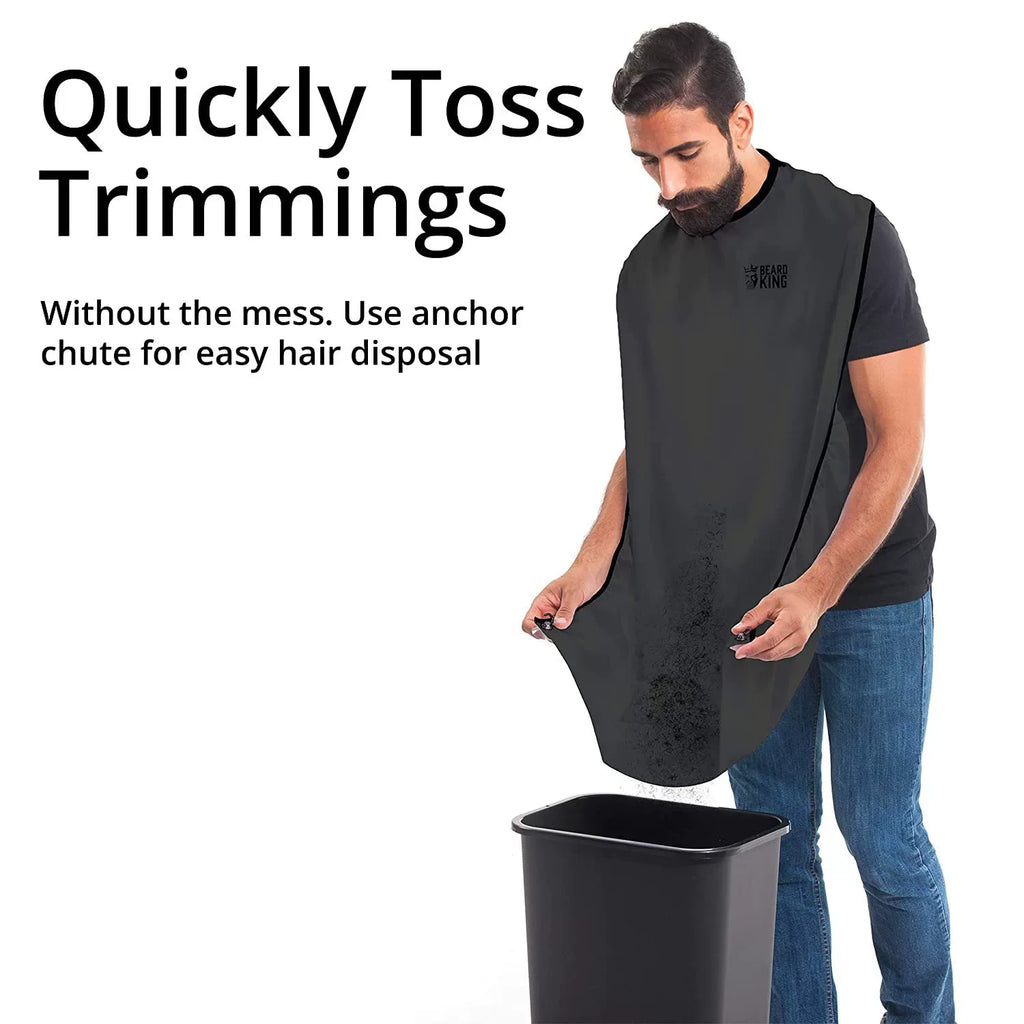 Beard-trimming apron shown worn during grooming and emptied afterward