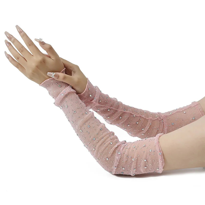 Long Fingerless Rhinestone Mesh Gloves