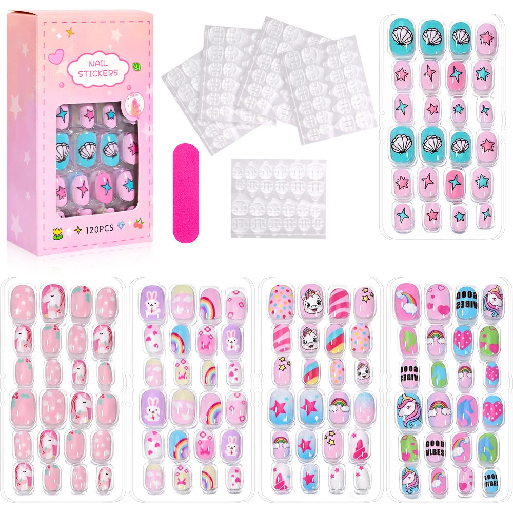 Assorted colorful press-on nails with packaging and manicure accessories