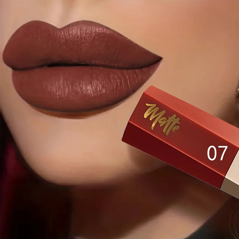 Liquid lipstick shade shown on lips beside its numbered tube