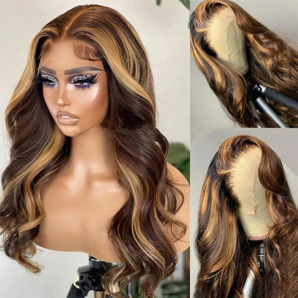 Long highlighted brown wavy wig shown from different angles