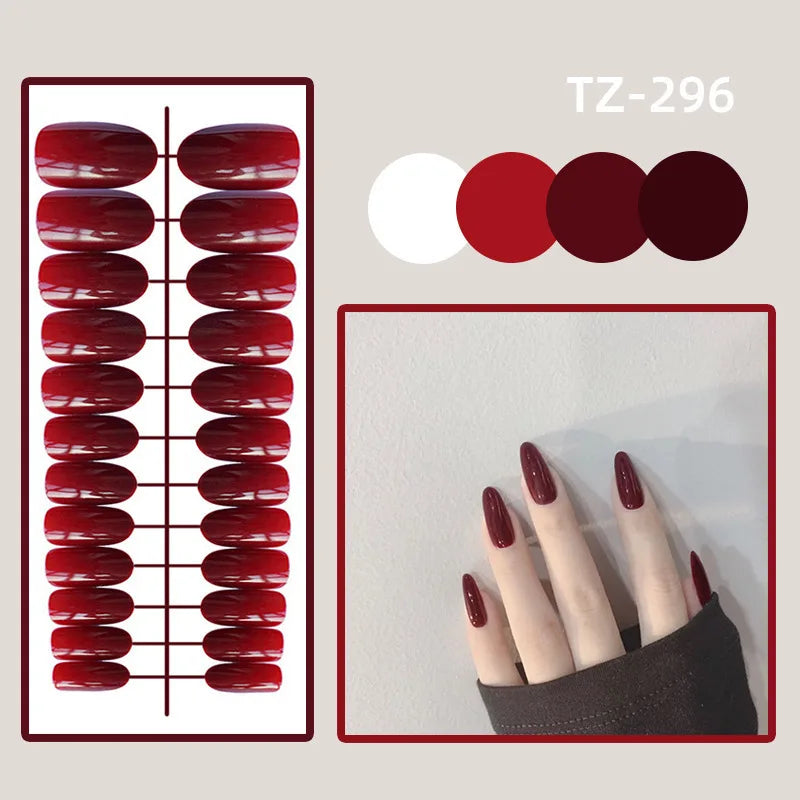 Red press-on nail set with shade samples and manicure example