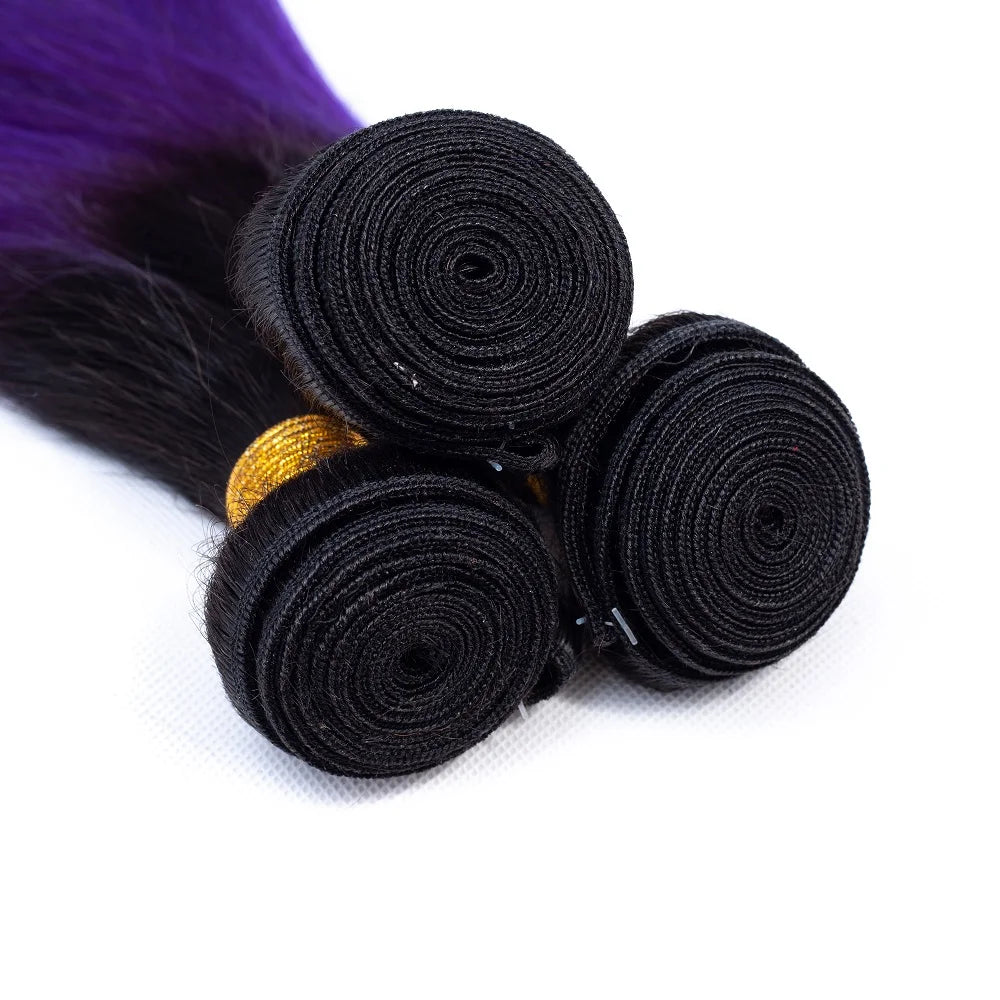 Rolled wefts of black-to-purple hair bundles