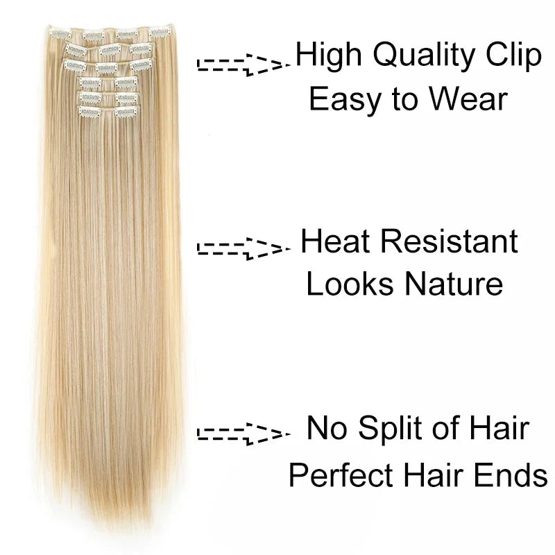 Straight clip-in hair extensions with clip and length details