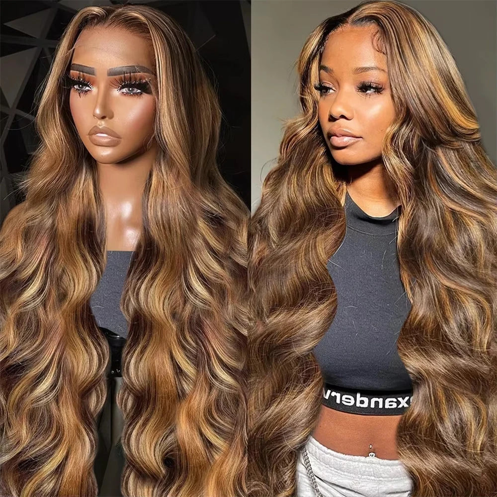 Highlighted brown wavy wig with styling and hairline examples