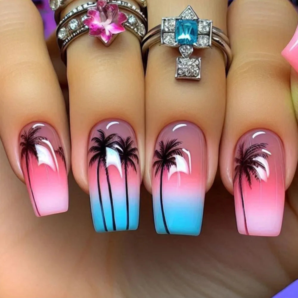 Colorful marine and summer-themed nail designs shown on hands