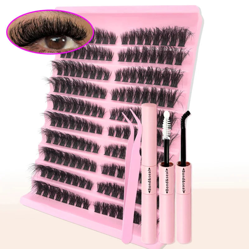 False eyelash clusters in trays with lash application examples