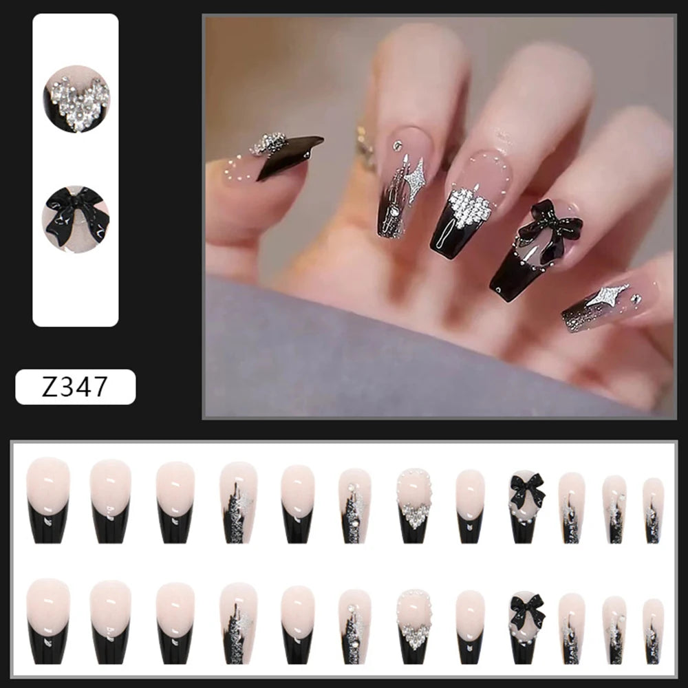 Press-on nail set with manicure example and shade samples