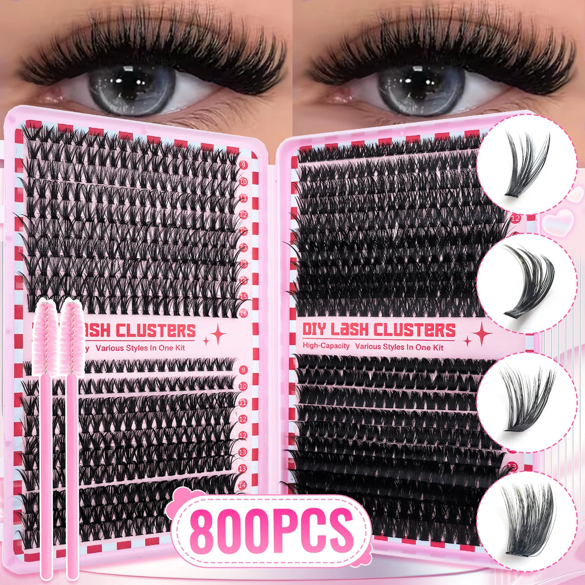 False eyelash trays with application examples and lash style information