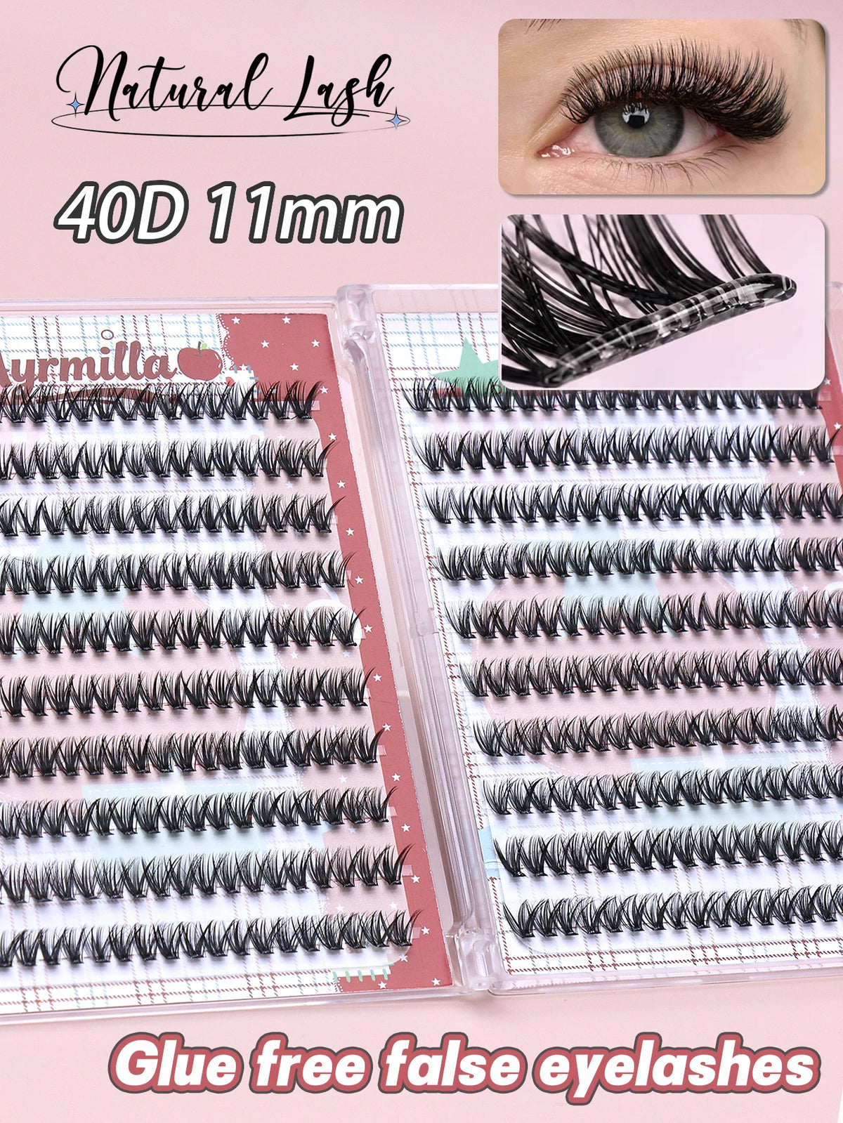 False eyelash clusters arranged in rows in a tray