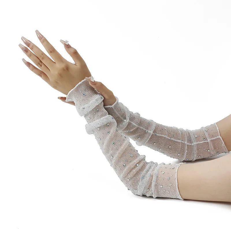 Long Fingerless Rhinestone Mesh Gloves