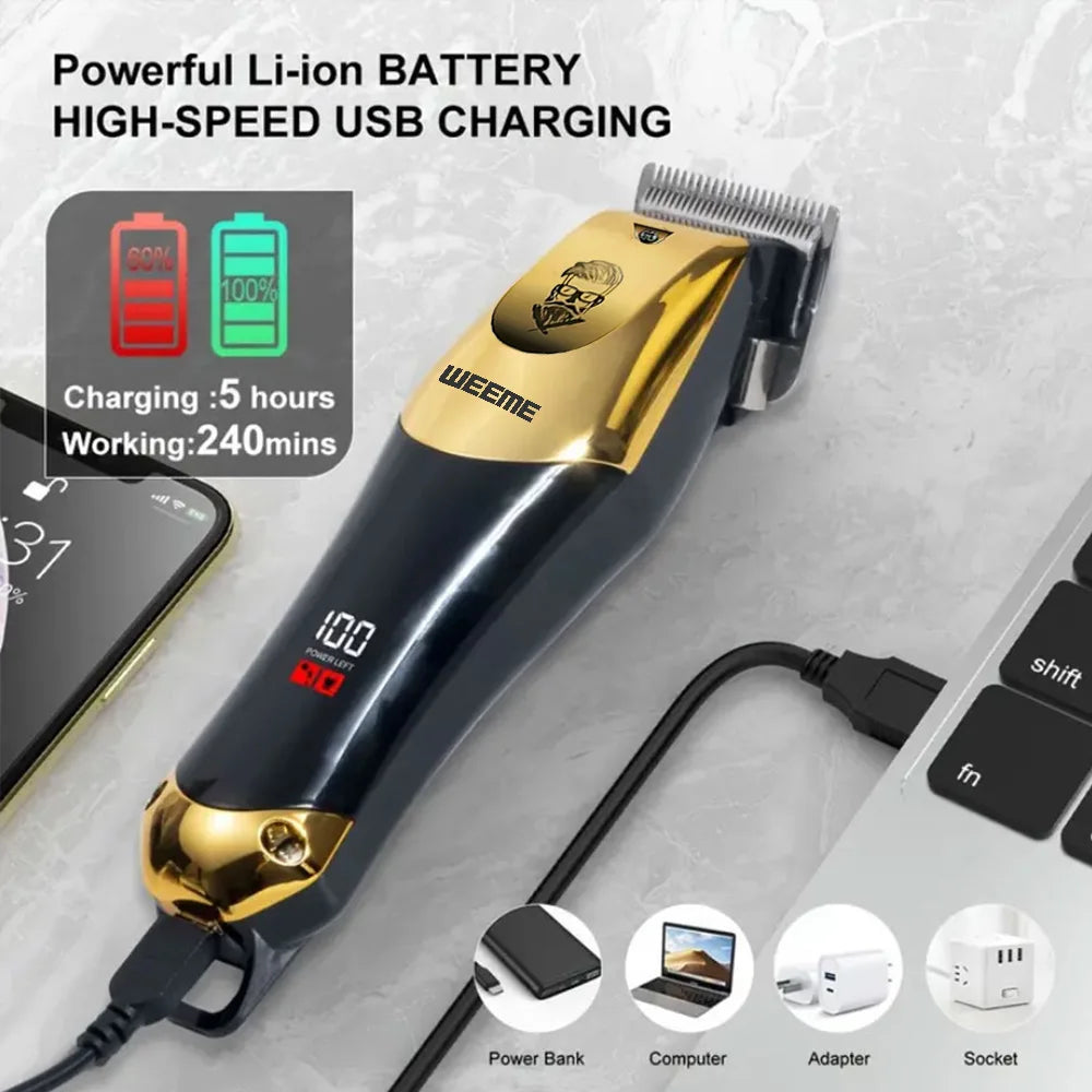 Cordless trimmer kit with attachments and feature illustrations
