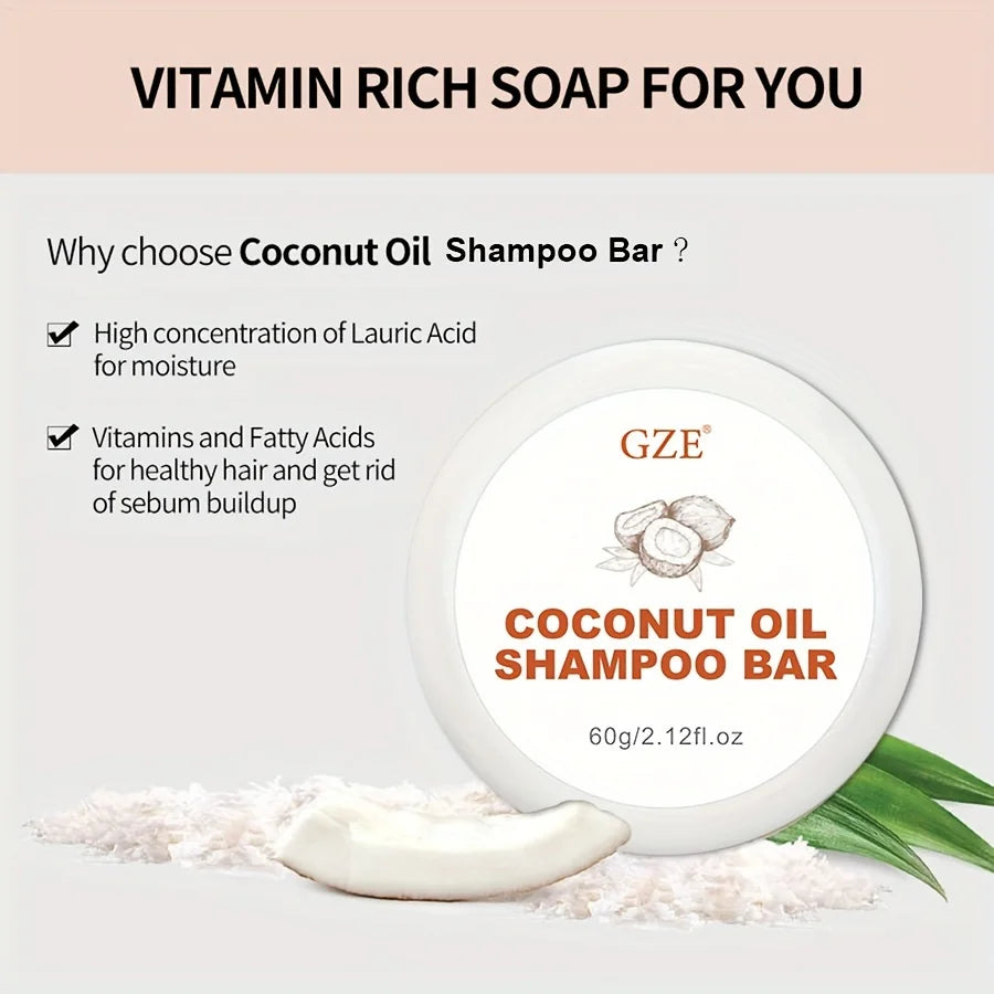 Coconut oil shampoo bar with hair and ingredient graphics