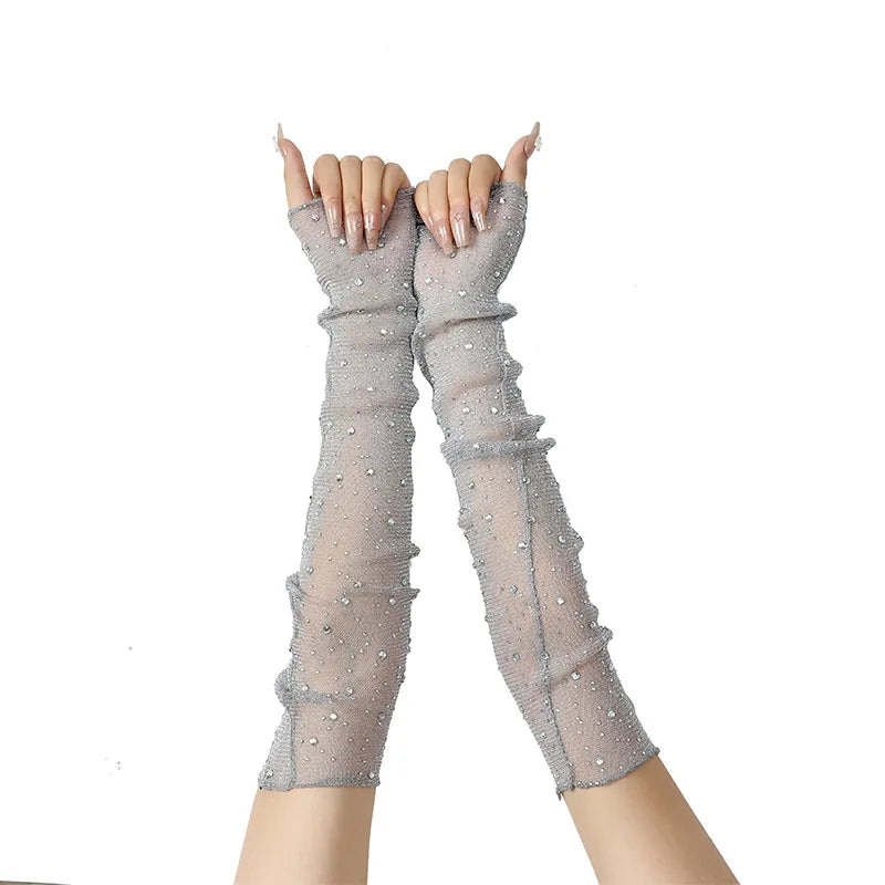 Long Fingerless Rhinestone Mesh Gloves