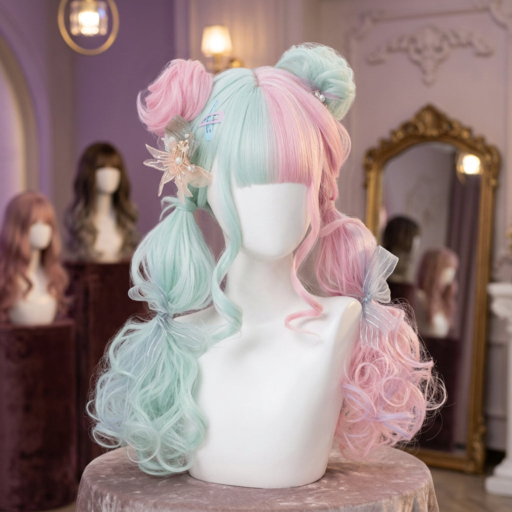 Cosplay wig shown with front, back or styling views
