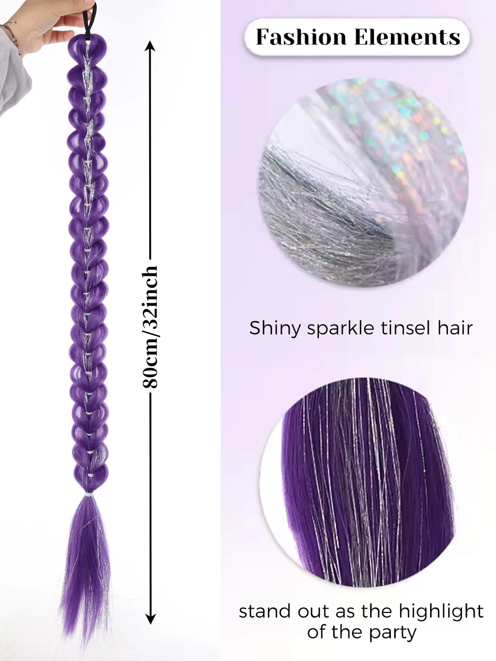 32-Inch Purple Braided Ponytail with Tinsel