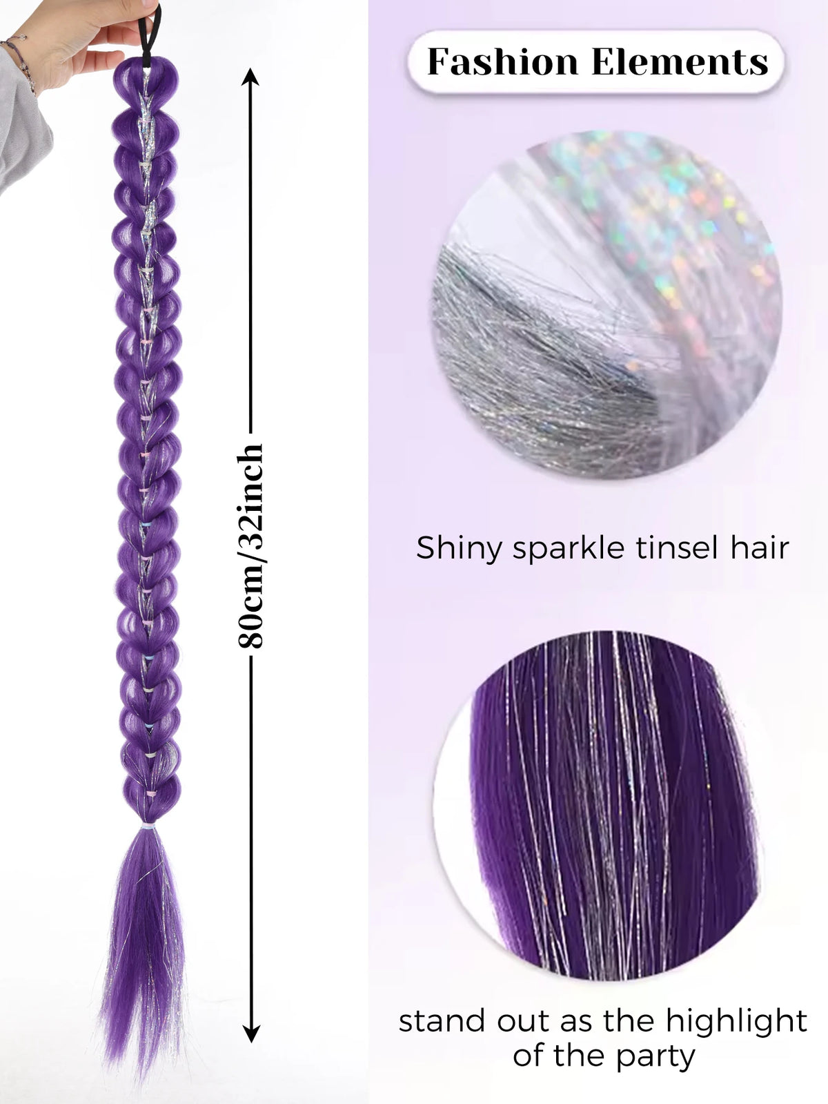 32-Inch Purple Braided Ponytail with Tinsel